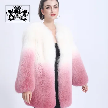 Janefur wholesale top quality gradient color round neck whole full fox fur pelt medium length women fur coat