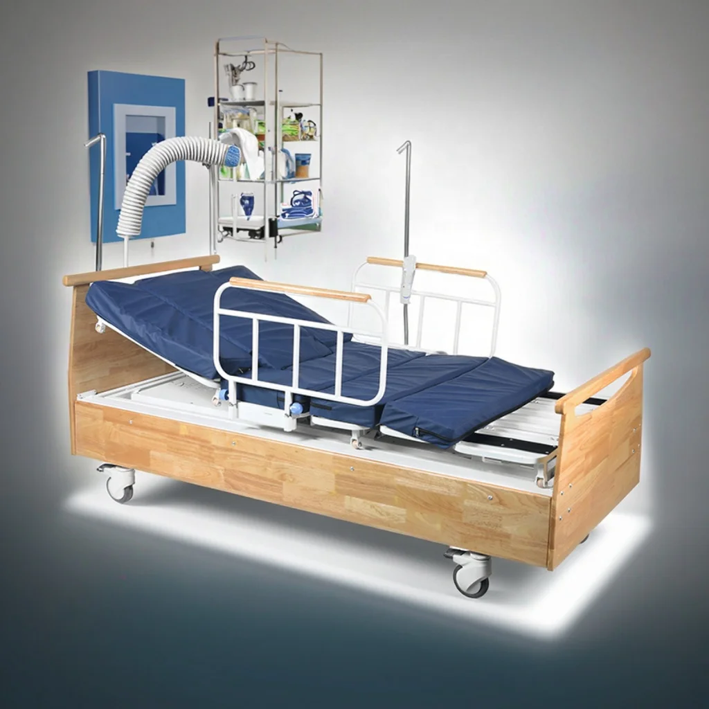 Modern Electric Hospital Bed Infusion Function Adjustable Wooden Headboard ABS Steel Frame Side Tilt Foldable Design for Medical 4