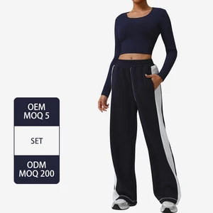 Sm2557  Round Neck Slim Long Sleeve Top High Waist Color-blocked Striped Sports Pants Set  Yoga Set Fitness Running