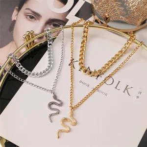 Retro Multilayer Snake Pendant Necklace Cuban Chain Multi Layered Gold Plated Big Thick Chain Necklaces Jewelry