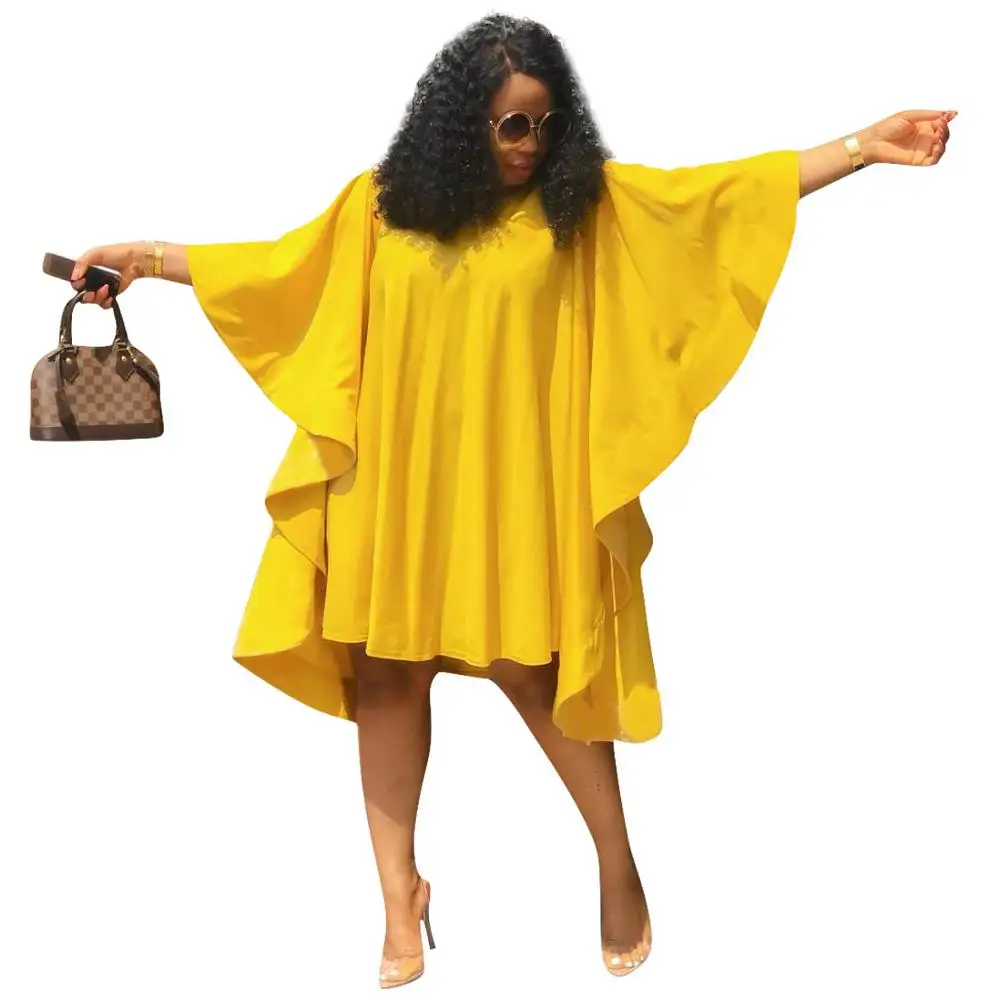 Europe and America Size Womens Long Sleeve Dresses Women Casual Pleated Loose Yellow Dress
