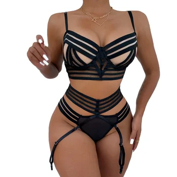 Women's Sexy Locomotive Underwear Suit Ribbed Mesh Stitching with Steel Ring Lingerie Set
