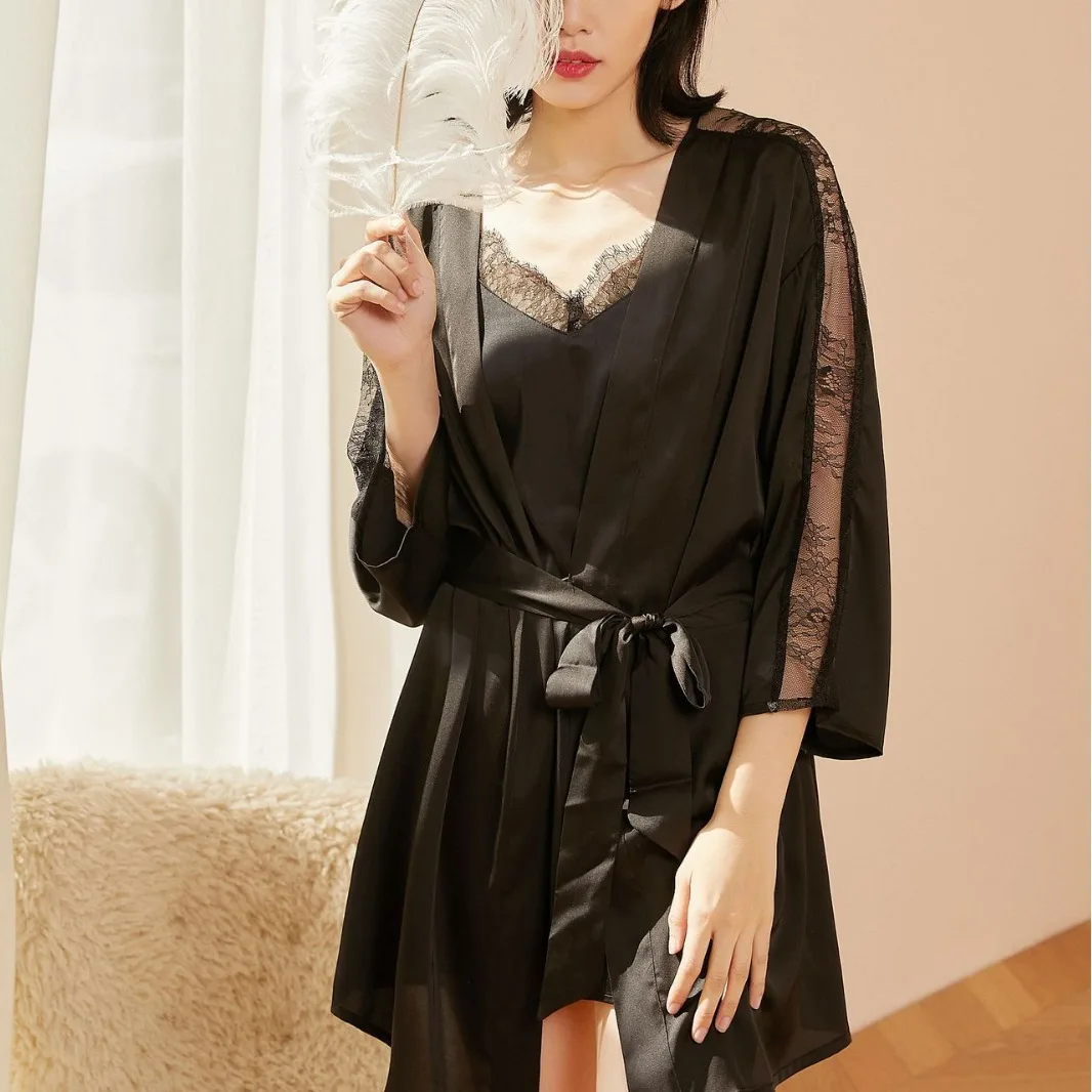 New Satin Long Sleeve Night Pajama Set for Men & Women Breathable Elastic Waist Silver Grey Skin-Friendly Texture