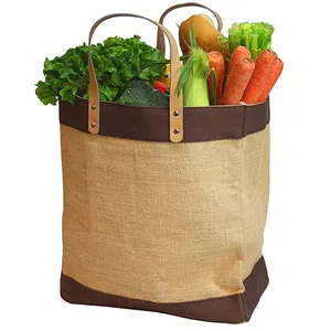 Eco Friendly Burlap Tote Shopping Grocery With Leather Handle Market Jute Bag