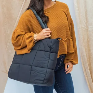 Custom Logo Large Puffy Quilted Nylon Puffer Tote Bag for Women Water-Resistant and Portable with Zipper Closure