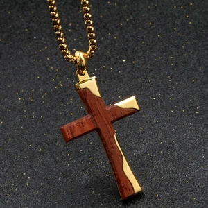 Unique Gold Plated Stainless Steel Cross Pendant Bubinga Wood Inlay for Men Christian Jewelry Gift