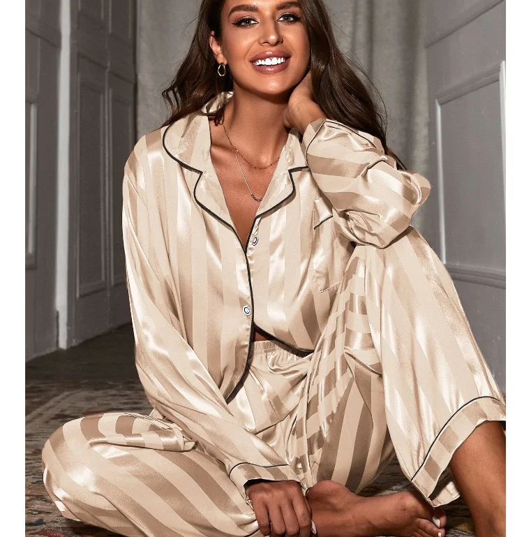 Contrast Binding Satin Pajama Set Custom Women's Sleepwear Luxury Pajamas for Women Set Long Sleeve Silk Pajamas