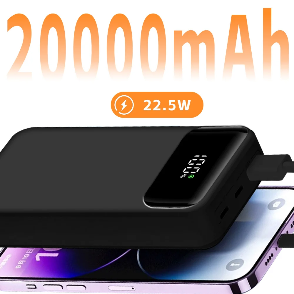 Bulk Wholesale High Capacity 20000mAh Power Bank With LED Display Fast Charging Power Bank Built in Cables
