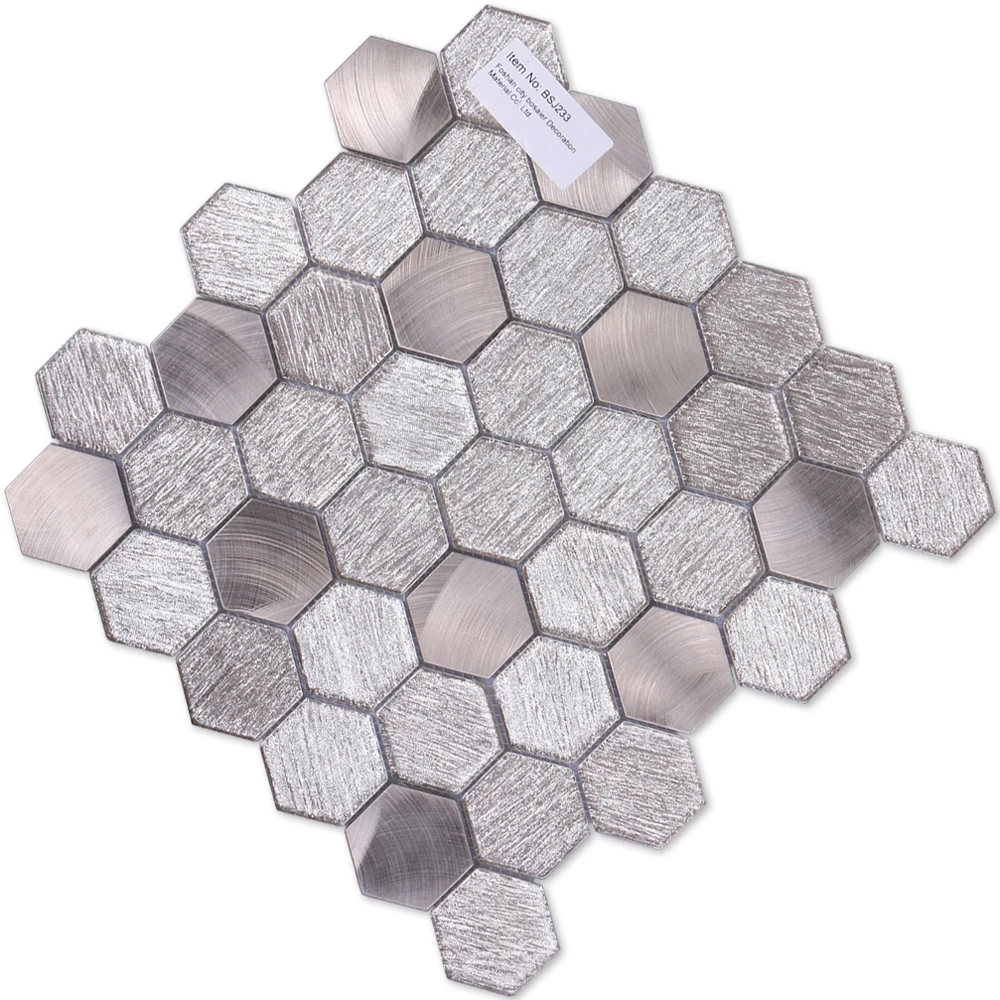 Foshan Factory Mosaico Irregular Honeycomb Brushed Aluminum Tiles Linear Glitter Grey Gold Glass Metal Waterjet Hexagon Mosaic