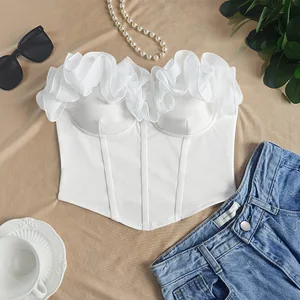 2026 New Sweet White Petal-Edged Sexy Halter Neck French Vintage Ruffled Overlay Top for Layering, Slimming Strapless Blouse