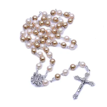 Pink Pearl Celtic Sublimation Orthodox Spiritual Beads Jesus Sequential Prophet Jewelry Rosary Red Rose Cross Sign Necklace