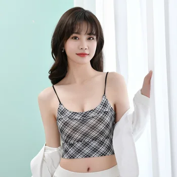 Foreign trade wholesale fashion plaid lightweight naked feeling without underwire skin breathable waist halter bra for women