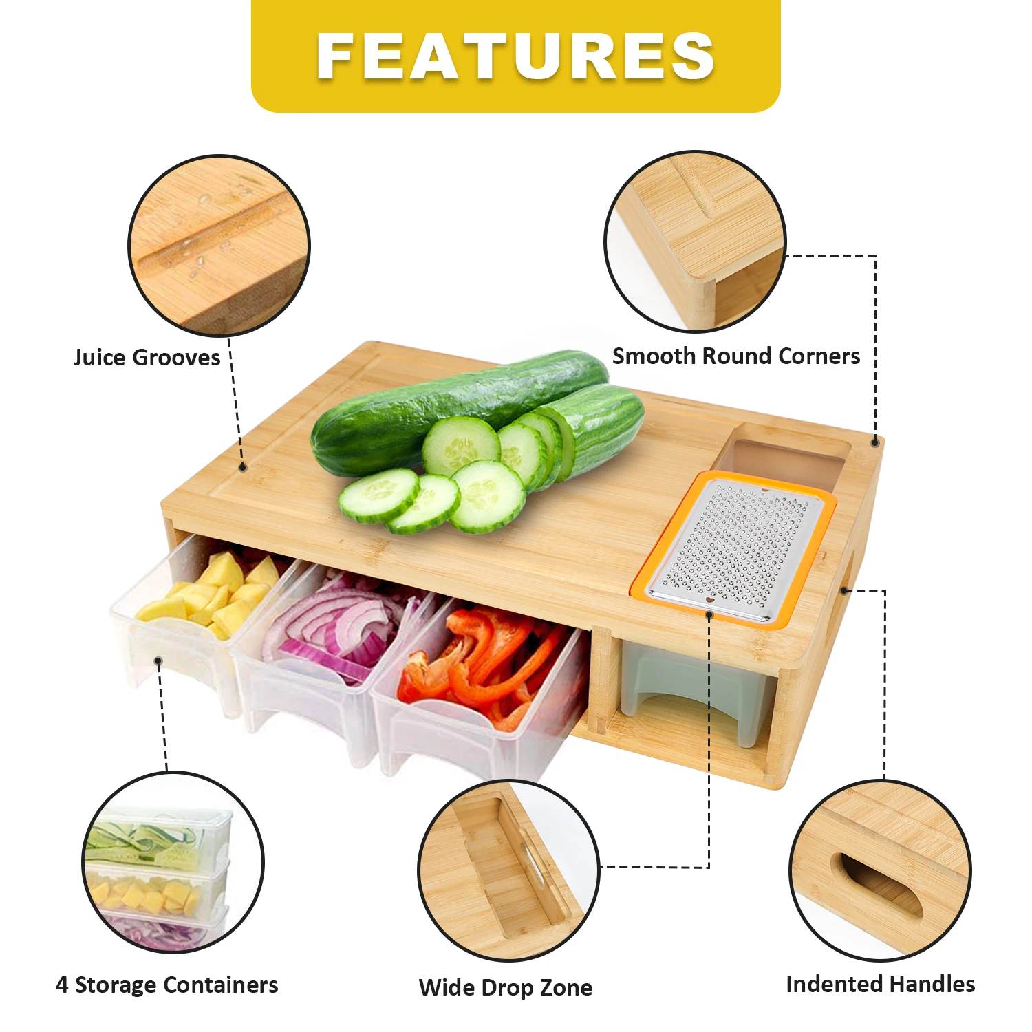 GL Extra Large Bamboo Cutting Board Chopping Block with Juice Groove and Containers for Food Preparation