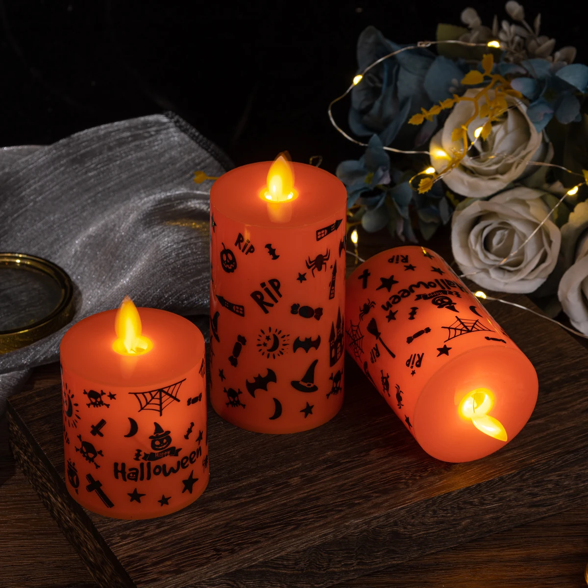 product halloween flat mouth candle flameless led candle halloween print warm light holiday decoration lamp party home decoration-30