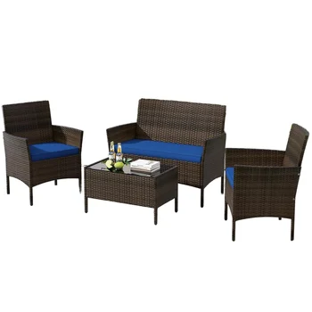 HOMECOME 4-Piece Outdoor Furniture Garden Conversation Set, Balcony Rattan Conference Chair and Tempered Glass Table