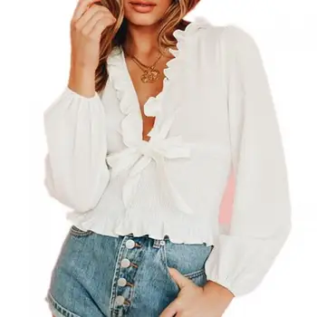 women tops cotton fabric chiffon stringy selvedge lady long sleeve blouses different size plain dyed solid white 402032