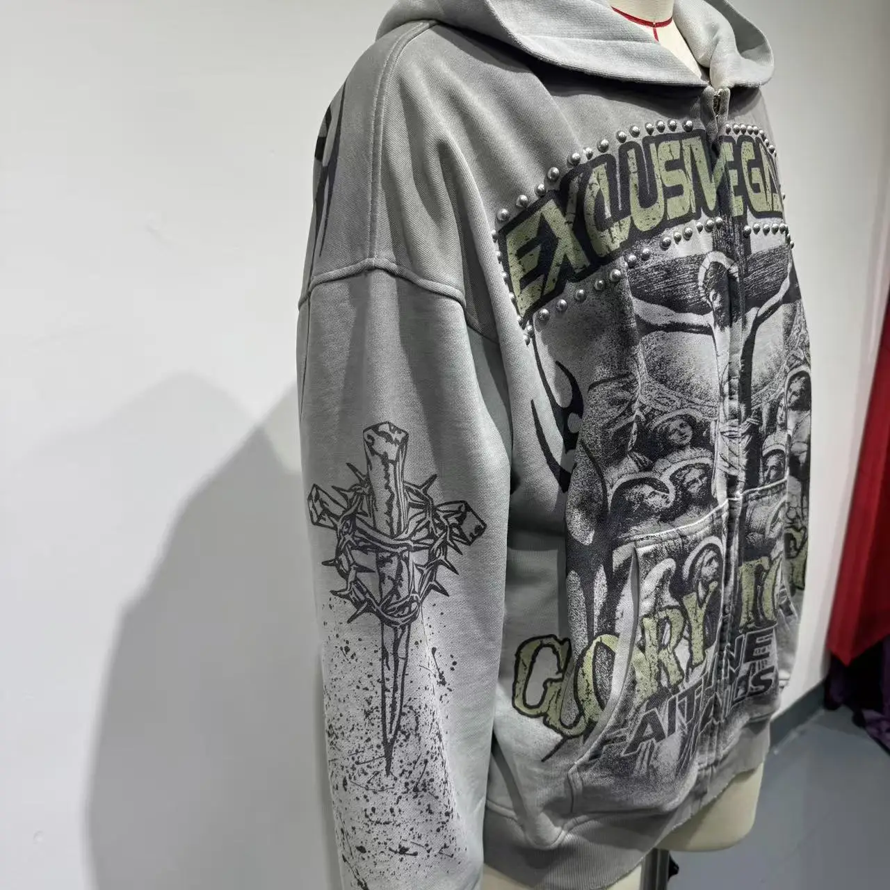 Wholesale Custom High Quality Rhinestone Hoodie Print Zip up Hooded Heavyweight Sun Faded Wash Sweatshirt Hoodies for Men gallery 3