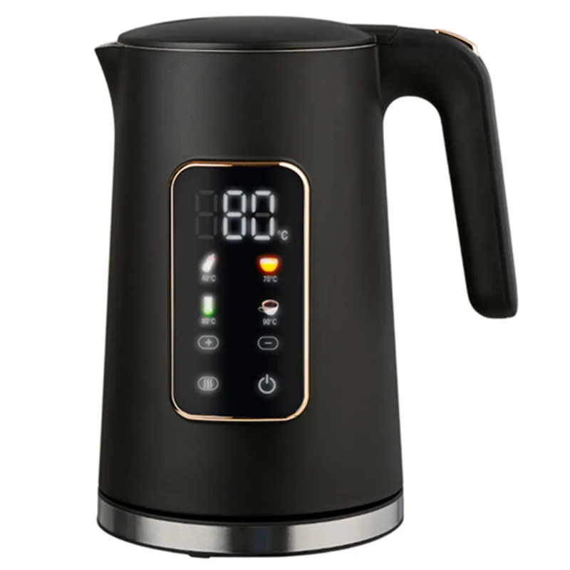 1.7L 2200W Touch Screen Double Wall Kettle Inside 304 Stainless Steel Outside PP Wooden Handle Fast Boiling Auto Off