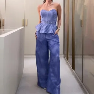 2025 Stripe Belted Pants Set Elegant Bandage Sleeveless Tops Wide Leg Pants Suit Office Lady Clothing Two Piece Set with Pants