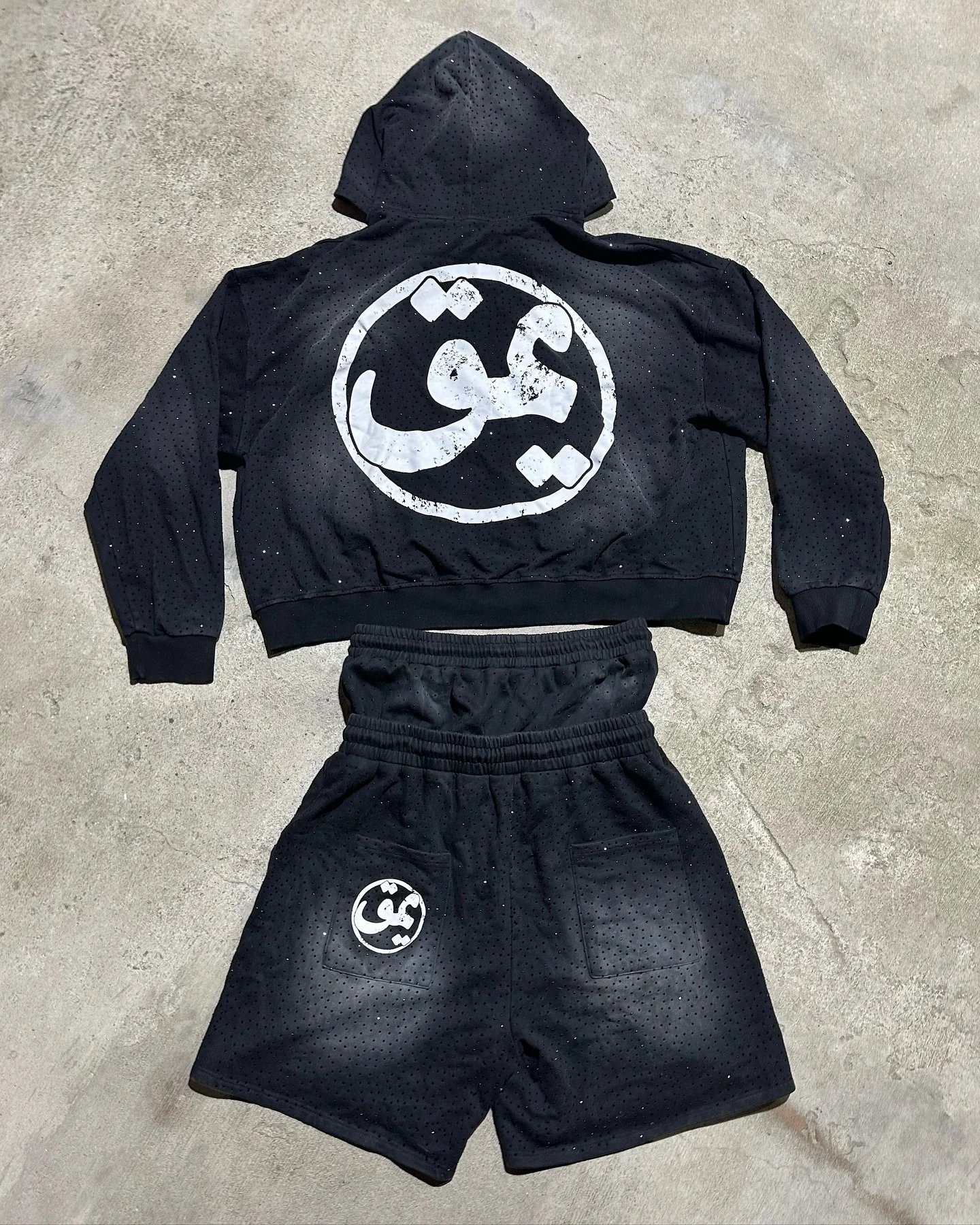 Custom Cotton Full Rhinestone Zip up Hoodie and Shorts Set Sun Faded Double Waisted Baggy Acid Wash Sweat Shorts Set for Men gallery 4
