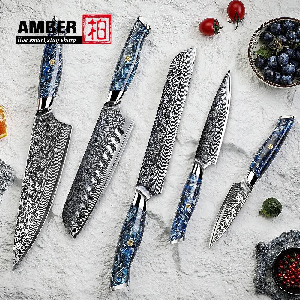 アンバーラグジュアリー5pcVG10ダマスカススチールナイフセット