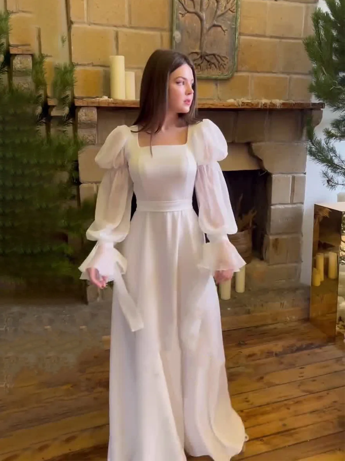 Spring 2025 French Style Sweet Holiday Dress White Square Collar Puff Sleeve Long Dresses Women Elegant Prom Party Dress Casual