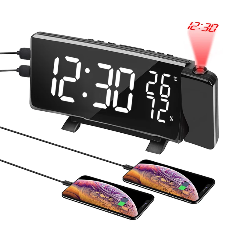 Digital Curve Led Projection Radio Alarm Clock Three Display Colors Desktop Temperature Clock for Bedroom