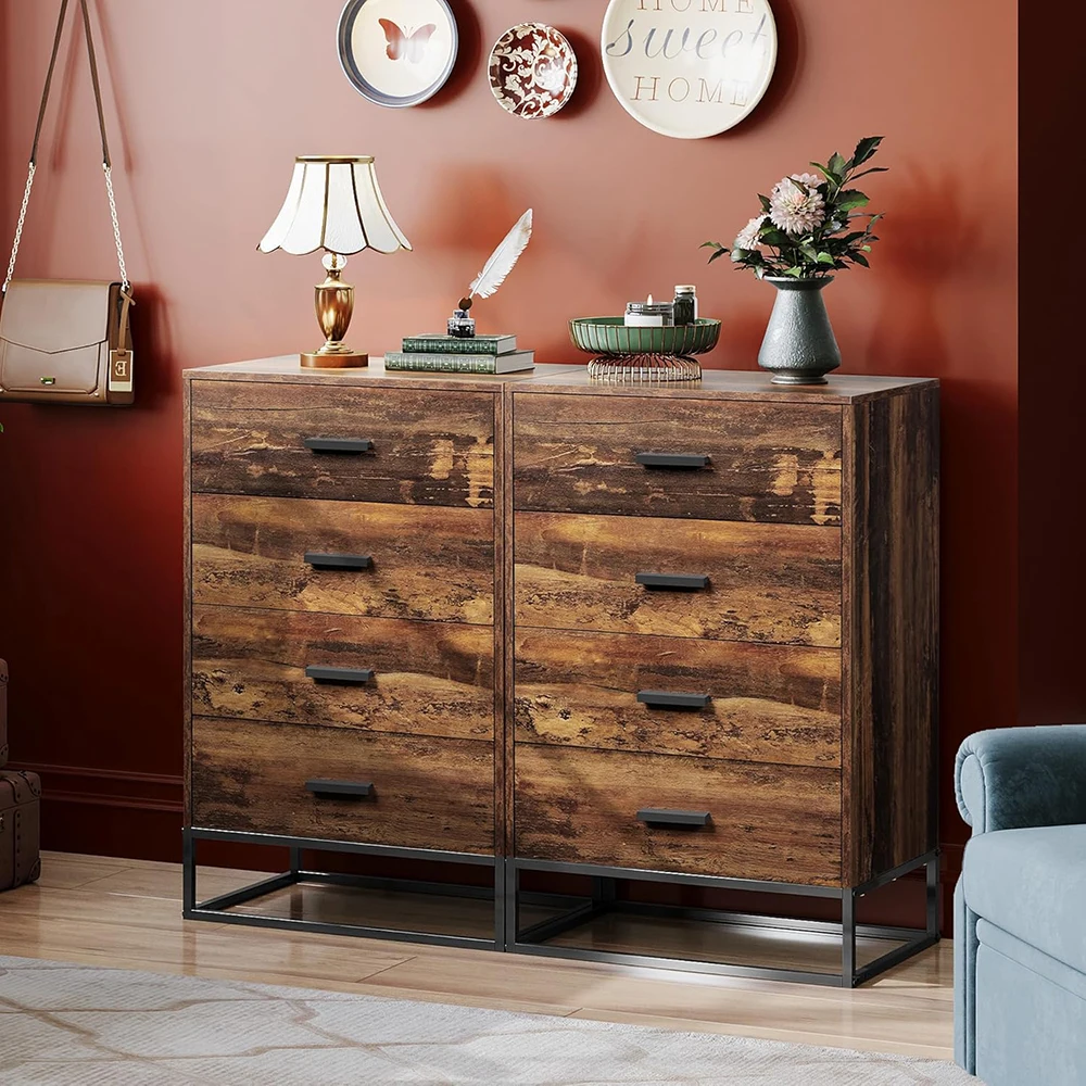 product modern wood dresser with 4 drawers tall sturdy metal frame wooden chest for bedroom  living room brown oak-2
