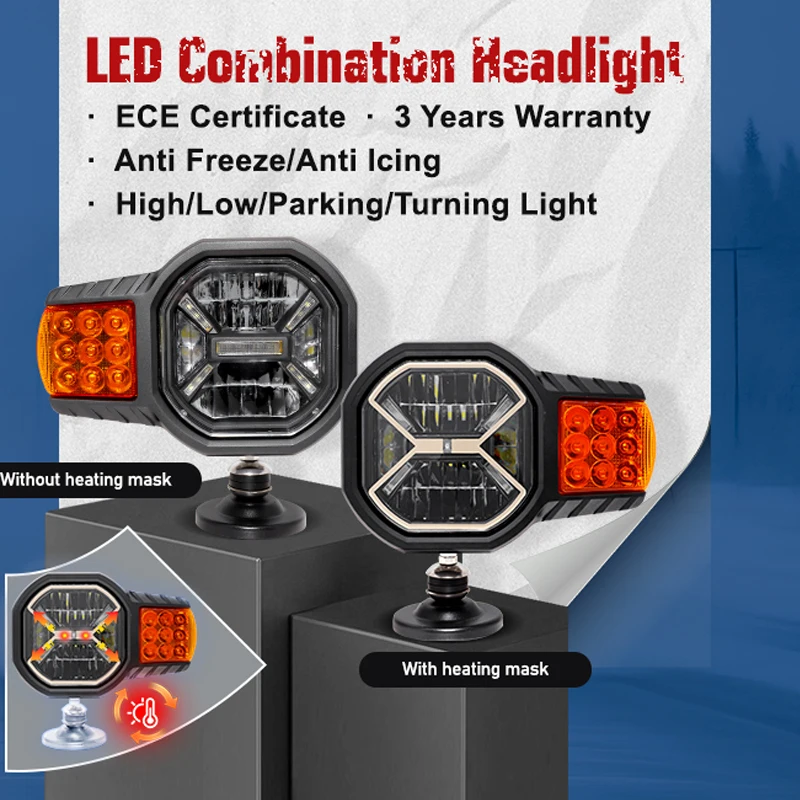 60W Dual-Color White Amber LED Combination Headlight Multifunction High Low Beam for Snowplow Agriculture Car Light Accessory