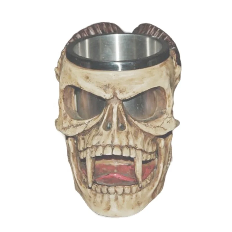 Custom Handmade Removable Polyresin with Stainless Steel Unique 3D Horn Demon Skull Drinking Cup Tankard Double Wall Beer Mug