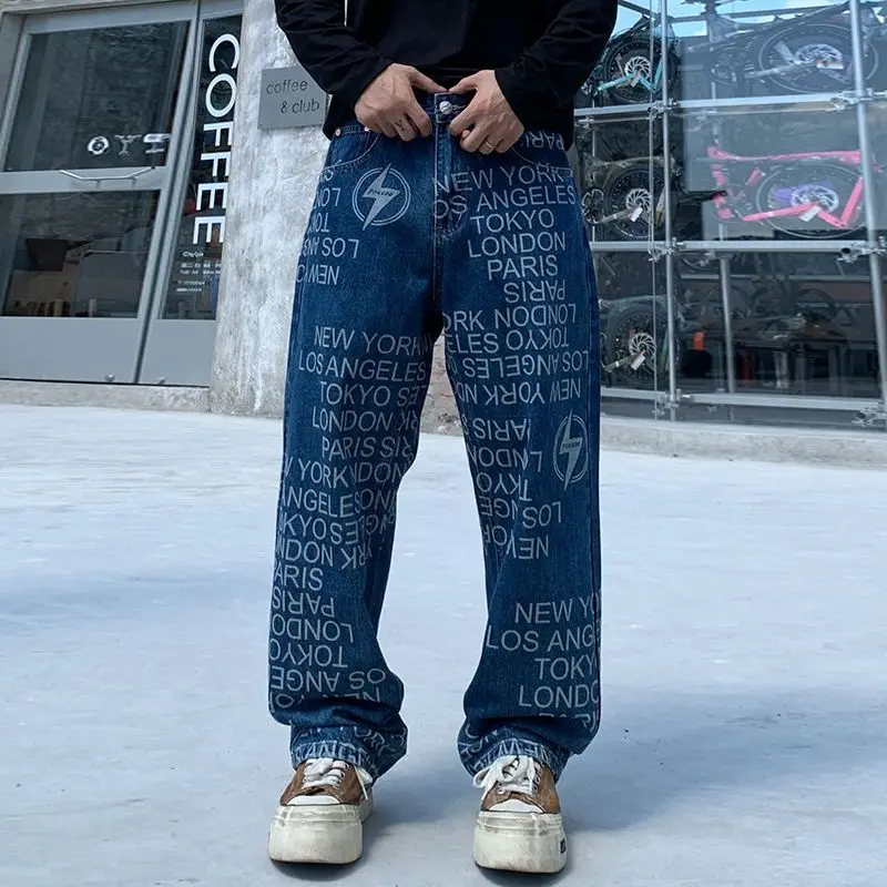 Trendy Brand Men's American-Style Jeans Laser Full-Print Lightning