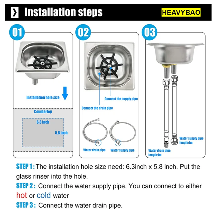 Rince-Verres Acier Inox 304 - Lavage Haute Pression Main Libre - Pour Bar, Café, Restaurant