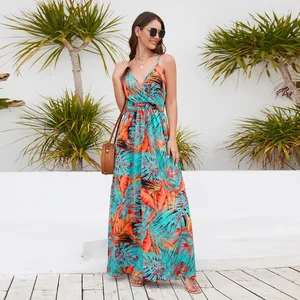Wholesale Fashion Women's New Bohemian Print Dress Sexy V-neck Sleeveless Sling Long Sundress