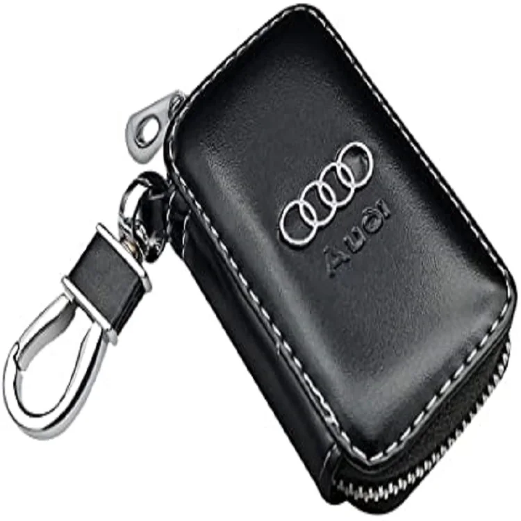 Car key case, original Volvo PU leather key case, metal zipper keychain with stainless steel hook, zwart