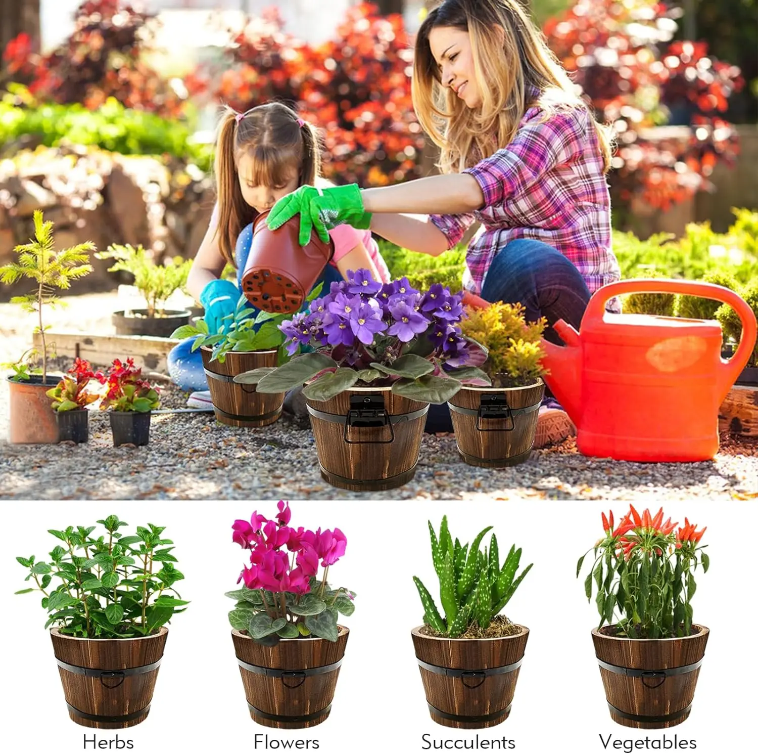 Cubo Flores Grande Maceta De Madera En Forma De Barril - Tamaño L, Ideal  Para Interior Y Exterior, Diseño Rústico Maceta Con Agujero Drenaje, image size:1500x1491