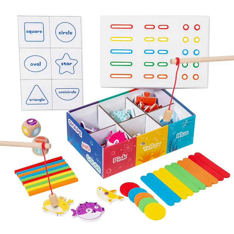 Holz-Angelspiel für Kinder Montessori Farb- und Formenerkennung Sortierbox Feinmotorik Lernspielzeug für Kinder