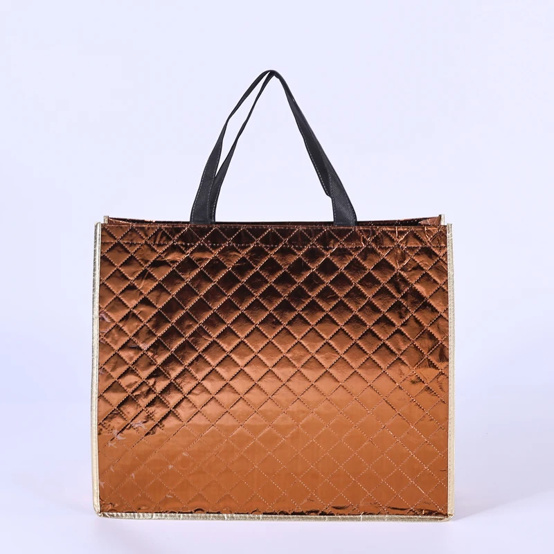 Customized Laser Black/Red/Gold/Silver Laminated Non-Woven Shiny Tote Bag Reusable Shopping Gift Bag