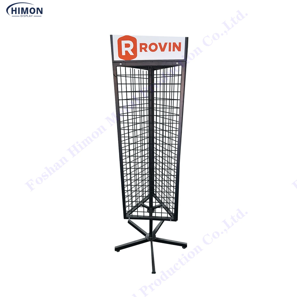 Customize Floor Rotary Turntable Revolving Metal 3 Side Wire Grid Spinning Rotating Product Display Stand Rack