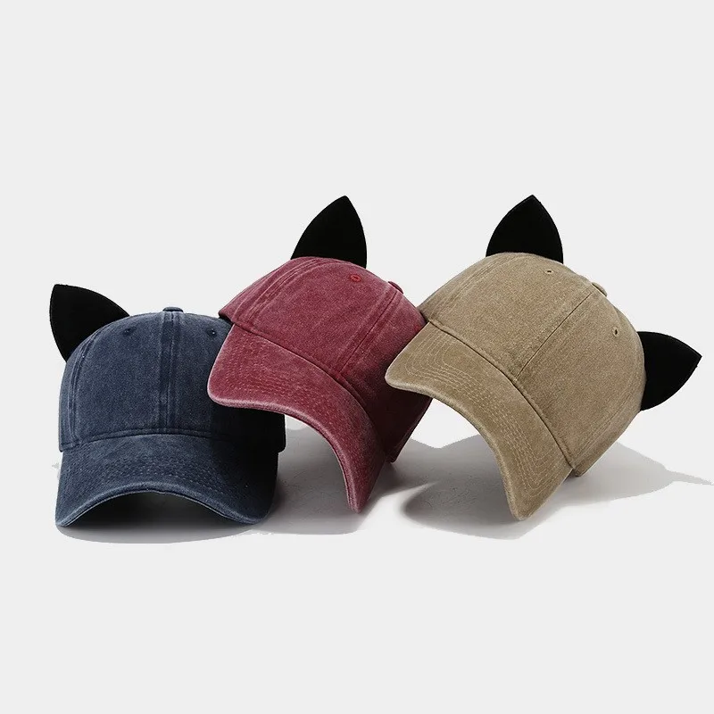 New Original Distressed Dad Hat With Lovely Cat Ear Baseball Cap for Women Vintage Washed Denim Bunny Ear Baseball Cap Gorras
