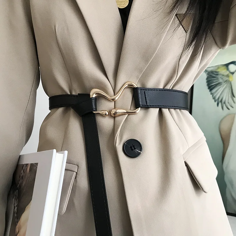 Buckle Leather Tie Belt Jacket Minimalist Irregular Geometric Gold