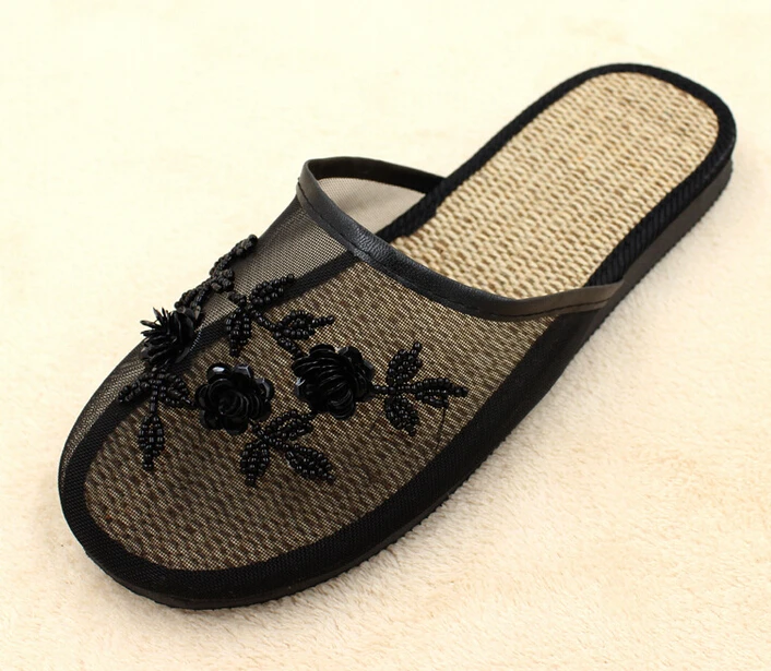 Women's Chinese Mesh Slipper Sequin Floral Beaded Sandals Flip Flops House  Shoes