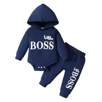 Europe and the United States new spring and autumn baby clothing baby letter printed hooded solid color pullover two-piece/set