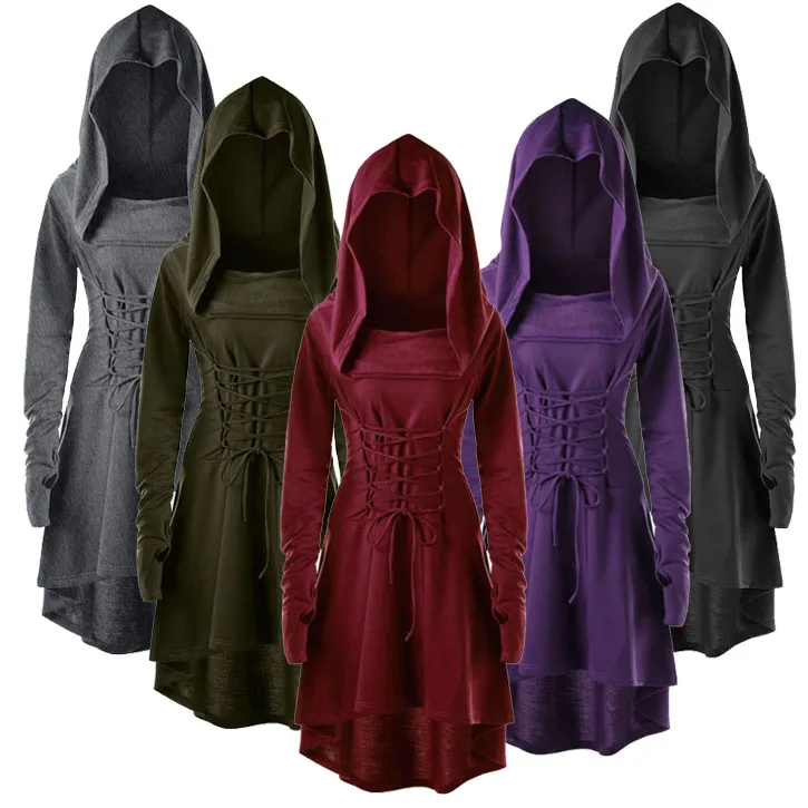 Renaissance Costume Hooded Robe Lace Up Vintage Pullover Long Hoodie Dress Cloak 