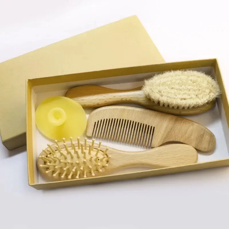 Most Popular Natural Soft Goat Bristles Bamboo Wool Baby Hair Brush Set