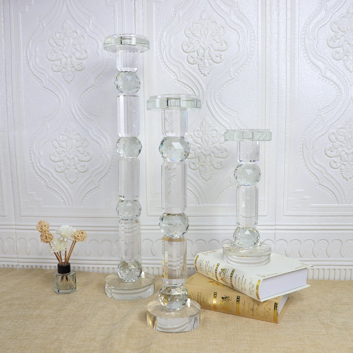 Factory direct sale hand-blown glass battery manifestation candles with crystals holders tall for wedding