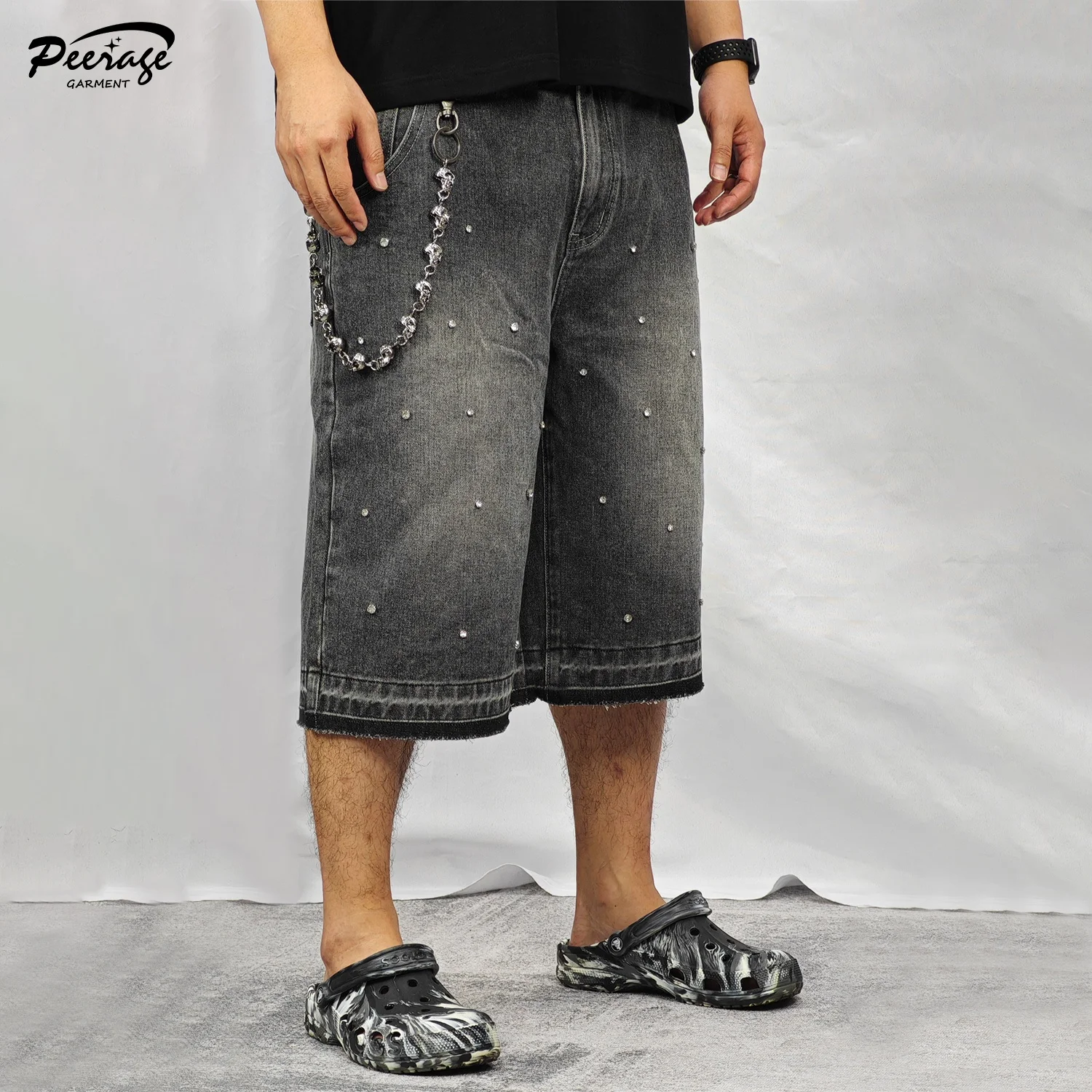 Y2k Shorts Men FCOOLYEET Men Jean Shorts Y2k Rhinestone Denim