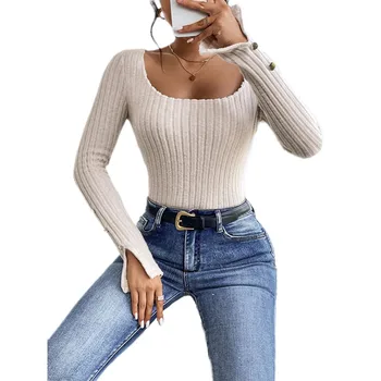 Long-Sleeved Slim Women's Tops Autumn Square Neck Fashion T-Shirt With Reasonable Prices