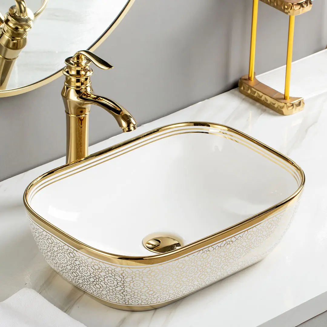 luxury porcelain countertop gold rim lavabo bathroom sink hand wash ...