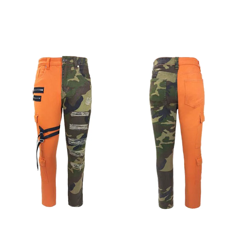 QC-067 Hot Selling Hip Hop Fashion Men's Straight Jeans 100% Cotton Mid Waist Camouflage Patchwork Ribbons Ripped Cargo
