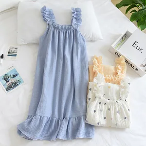 Women's Summer Cotton Yarn Thin Suspender Sleepwear Loose Medium to Long Sweet and Cute Long Skirt Home Wear